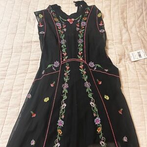 NWT Free People Black Dress with Floral Embroidery